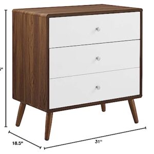 Modway Transmit Mid-Century Modern Wood Walnut White, 3-Drawer Chest