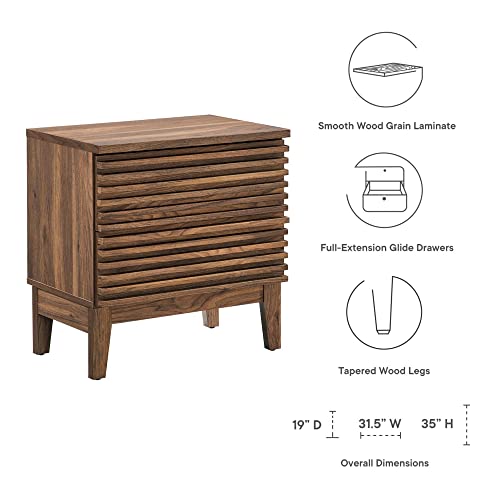 Modway Render Mid-Century Modern Two-Drawer Bedside End Table in Walnut