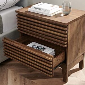 Modway Render Mid-Century Modern Two-Drawer Bedside End Table in Walnut