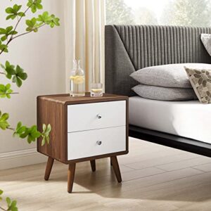 modway transmit mid-century modern wood walnut white, 2-drawer nightstand