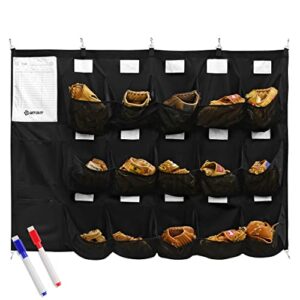 get out! baseball helmet organizer, baseball team lineup form dugout organizer - 15 pocket glove and helmet storage with bag hooks and name tag slots