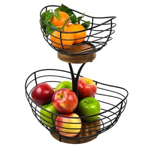 modern farmhouse 2 tier fruit basket for kitchen counter, vintage wire and wooden base fruit bowl/stand for kitchen countertop decor - double tree fruit & vegetables basket