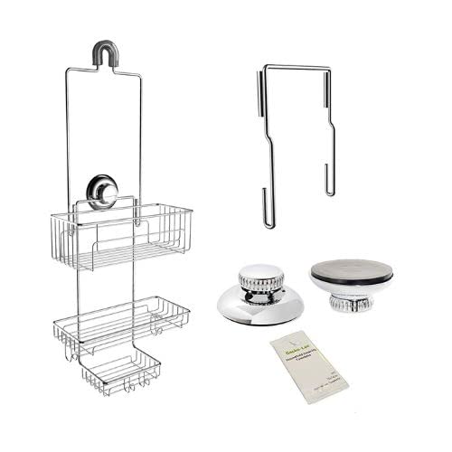 Gecko-Loc Extra Long Hanging Shower Caddy Bundle including 2 Hanger Extensions and 2 Extra Suction Cups -Silver