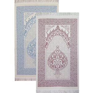 modefa islamic prayer mat thin woven chenille and taffeta turkish sajadah intricate design metallic ottoman mat (white/blue + white/pink)