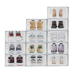 ikaufen 12 pack shoe storage box, space saving shoe boxes clear plastic stackable organizer with lids for closet, foldable sneaker containers bins holders