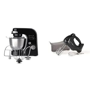 hamilton beach electric stand mixer, 4 quarts, black & 6-speed electric hand mixer with snap-on case, beaters, whisk, black (62692)