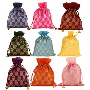 touchstone gorgeous gift wrapping bags reusable environment friendly large drawstring paisley brocade for birthdays, wedding, return present packing set. pack of 9. 12x9 inches