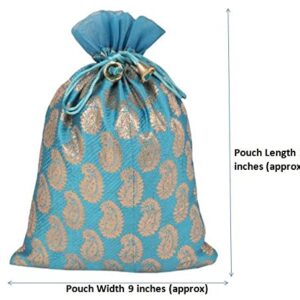 Touchstone Gorgeous Gift Wrapping bags reusable environment friendly Large Drawstring Paisley Brocade for birthdays, wedding, return present packing set. pack of 9. 12x9 inches