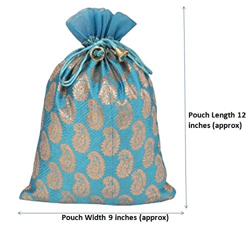 Touchstone Gorgeous Gift Wrapping bags reusable environment friendly Large Drawstring Paisley Brocade for birthdays, wedding, return present packing set. pack of 9. 12x9 inches