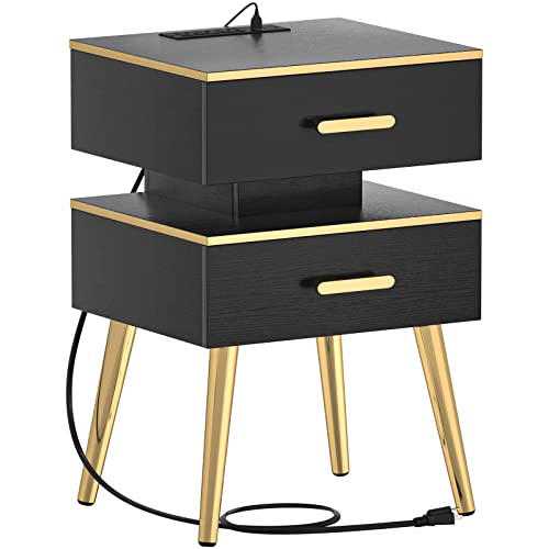Cyclysio 28.5'' Nightstand with Charging Station, Tall Bedside Tables with Led Lights, Bed Side Table Night Stand with Drawers for Bedroom and Sofa Side, Black