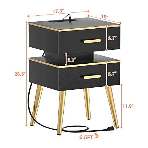 Cyclysio 28.5'' Nightstand with Charging Station, Tall Bedside Tables with Led Lights, Bed Side Table Night Stand with Drawers for Bedroom and Sofa Side, Black