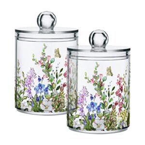 xigua 2 pack flowers pattern apothecary jars with lid, qtip holder storage jars for cotton ball, cotton swab, cotton round pads, clear plastic canisters for bathroom vanity organization (10 oz)