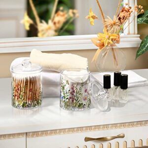 xigua 2 Pack Flowers Pattern Apothecary Jars with Lid, Qtip Holder Storage Jars for Cotton Ball, Cotton Swab, Cotton Round Pads, Clear Plastic Canisters for Bathroom Vanity Organization (10 Oz)