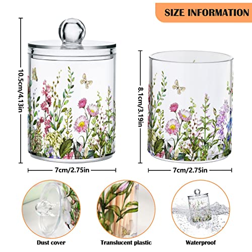 xigua 2 Pack Flowers Pattern Apothecary Jars with Lid, Qtip Holder Storage Jars for Cotton Ball, Cotton Swab, Cotton Round Pads, Clear Plastic Canisters for Bathroom Vanity Organization (10 Oz)