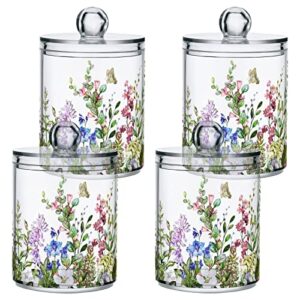 xigua 2 Pack Flowers Pattern Apothecary Jars with Lid, Qtip Holder Storage Jars for Cotton Ball, Cotton Swab, Cotton Round Pads, Clear Plastic Canisters for Bathroom Vanity Organization (10 Oz)