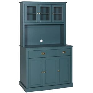 veikou pantry buffet with hutch,71" kitchen pantry cabinets, freestanding storage cabinet with adjustable shelves & glass doors, tall cupboard pantry cabinets with coffee countertop, dark teal