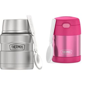 thermos stainless king vacuum-insulated food jar with spoon, 16 ounce, stainless steel & funtainer 10 ounce stainless steel vacuum insulated kids food jar with folding spoon, pink