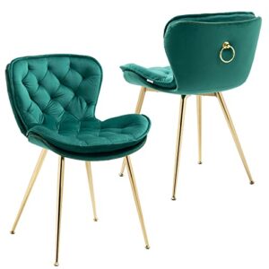 nioiikit velvet dining chairs set of 2, modern upholstered accent chairs gold legs, comfy tufted side chair with ring pull for dining room, vanity, living room, bedrooms (emerald)
