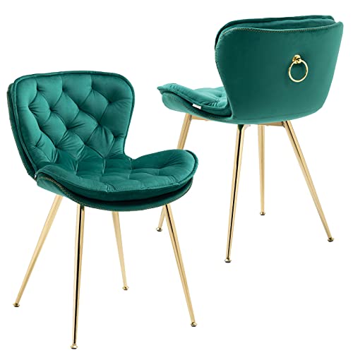 NIOIIKIT Velvet Dining Chairs Set of 2, Modern Upholstered Accent Chairs Gold Legs, Comfy Tufted Side Chair with Ring Pull for Dining Room, Vanity, Living Room, Bedrooms (Emerald)