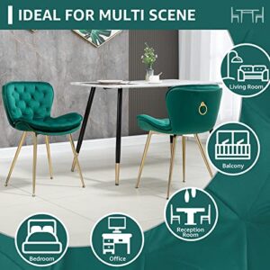 NIOIIKIT Velvet Dining Chairs Set of 2, Modern Upholstered Accent Chairs Gold Legs, Comfy Tufted Side Chair with Ring Pull for Dining Room, Vanity, Living Room, Bedrooms (Emerald)