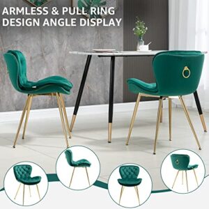 NIOIIKIT Velvet Dining Chairs Set of 2, Modern Upholstered Accent Chairs Gold Legs, Comfy Tufted Side Chair with Ring Pull for Dining Room, Vanity, Living Room, Bedrooms (Emerald)