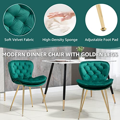 NIOIIKIT Velvet Dining Chairs Set of 2, Modern Upholstered Accent Chairs Gold Legs, Comfy Tufted Side Chair with Ring Pull for Dining Room, Vanity, Living Room, Bedrooms (Emerald)