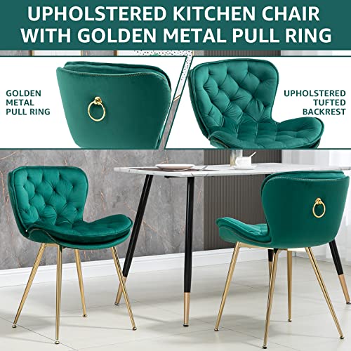 NIOIIKIT Velvet Dining Chairs Set of 2, Modern Upholstered Accent Chairs Gold Legs, Comfy Tufted Side Chair with Ring Pull for Dining Room, Vanity, Living Room, Bedrooms (Emerald)