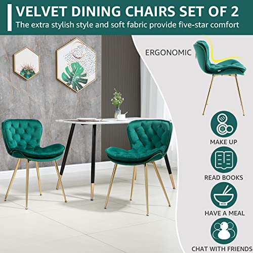 NIOIIKIT Velvet Dining Chairs Set of 2, Modern Upholstered Accent Chairs Gold Legs, Comfy Tufted Side Chair with Ring Pull for Dining Room, Vanity, Living Room, Bedrooms (Emerald)