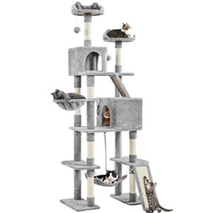 yaheetech 82.5in large cat tree, multi level cat tower w/ 2 cozy condos, 2 cat-ear perches, scratching posts, hammock, basket, cat furniture for indoor cats, kittens, light gray
