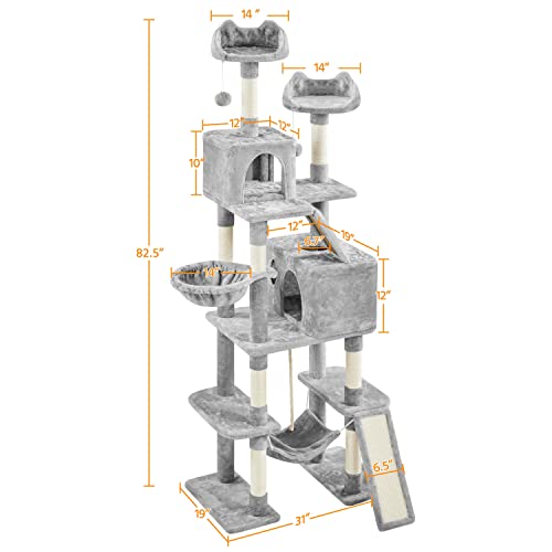 Yaheetech 82.5in Large Cat Tree, Multi Level Cat Tower w/ 2 Cozy Condos, 2 Cat-Ear Perches, Scratching Posts, Hammock, Basket, Cat Furniture for Indoor Cats, Kittens, Light Gray