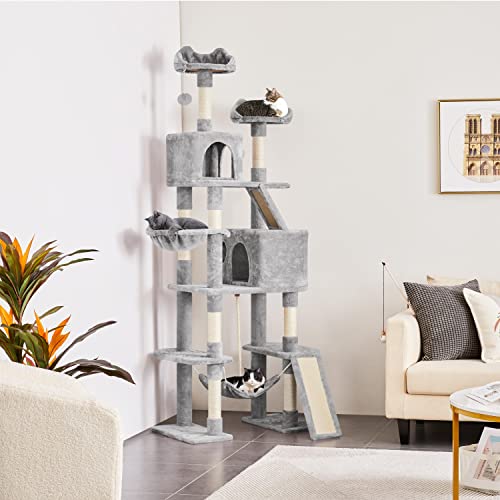 Yaheetech 82.5in Large Cat Tree, Multi Level Cat Tower w/ 2 Cozy Condos, 2 Cat-Ear Perches, Scratching Posts, Hammock, Basket, Cat Furniture for Indoor Cats, Kittens, Light Gray