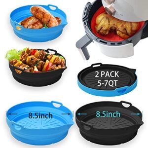 karjraxrn 2-pack air fryer silicone liners 8.5 in folding air fryer silicone pot, food safe air fryer silicone basket more space saving reusable air fryers oven accessories (blue+black)