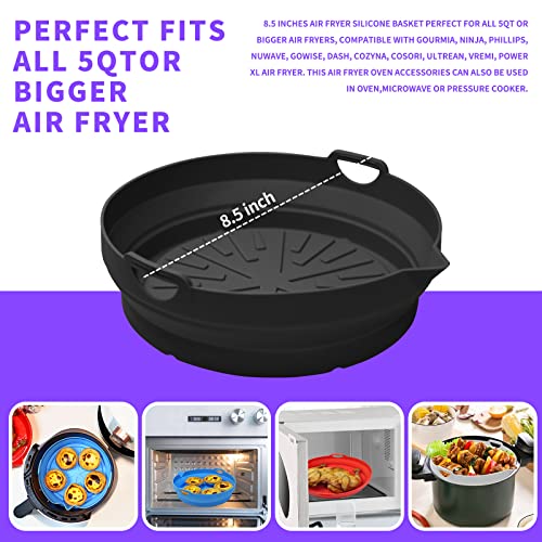 Karjraxrn 2-pack Air Fryer Silicone Liners 8.5 in Folding Air Fryer Silicone Pot, Food Safe Air Fryer Silicone Basket More Space Saving Reusable Air Fryers Oven Accessories (Blue+Black)