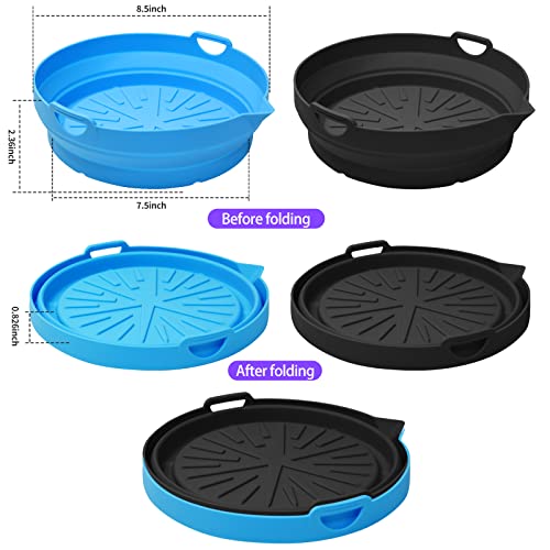 Karjraxrn 2-pack Air Fryer Silicone Liners 8.5 in Folding Air Fryer Silicone Pot, Food Safe Air Fryer Silicone Basket More Space Saving Reusable Air Fryers Oven Accessories (Blue+Black)