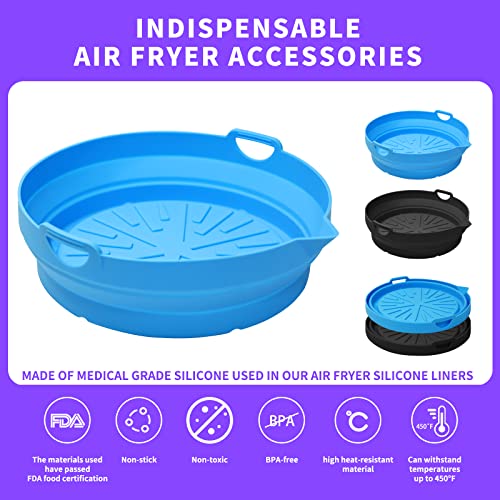 Karjraxrn 2-pack Air Fryer Silicone Liners 8.5 in Folding Air Fryer Silicone Pot, Food Safe Air Fryer Silicone Basket More Space Saving Reusable Air Fryers Oven Accessories (Blue+Black)