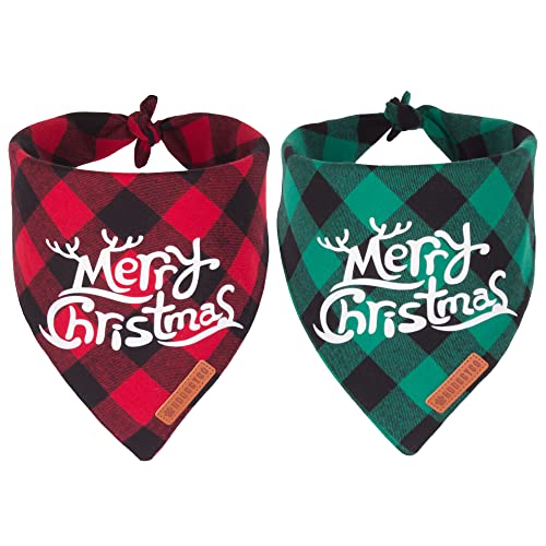 ADOGGYGO Christmas Dog Bandanas, Classic Red Green Plaid Dog Christmas Scarf Triangle Bib, Multiple Sizes Offered, Merry Bandanas for Medium Large Dogs (Large, Christmas)