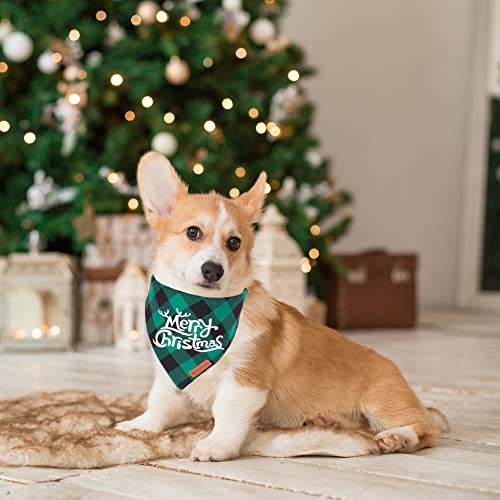 ADOGGYGO Christmas Dog Bandanas, Classic Red Green Plaid Dog Christmas Scarf Triangle Bib, Multiple Sizes Offered, Merry Bandanas for Medium Large Dogs (Large, Christmas)