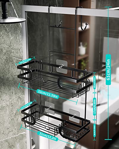 HapiRm Hanging Shower Caddy with 14 Hooks and Soap Holder, No Drilling Shower Caddy Over the Door, Rustproof & Waterproof Stainless Steel Hanging Shower Organizer for Bathroom - Black