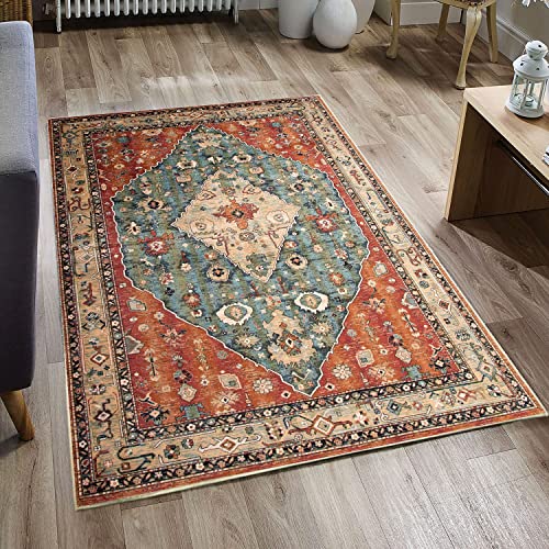 Boho Washable Area Rug 3x5 Bedroom Entry Throw Rug Distressed Medallion Bohemian Faux Wool Indoor Rug Non-Slip Low Pile Carpet for Entrance Living Room Bedroom Dining Table