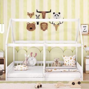 harper & bright designs kids house bed frame with 2 twin platform beds,wooden double twin beds with triangular roof,montessori floor bed twin with rails for girls or boys, no box spring needed,white