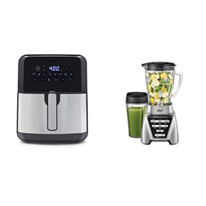 oster diamondforce nonstick xl 5 quart digital air fryer, 8 functions with digital touchscreen & blender | pro 1200 with glass jar, 24-ounce smoothie cup, brushed nickel