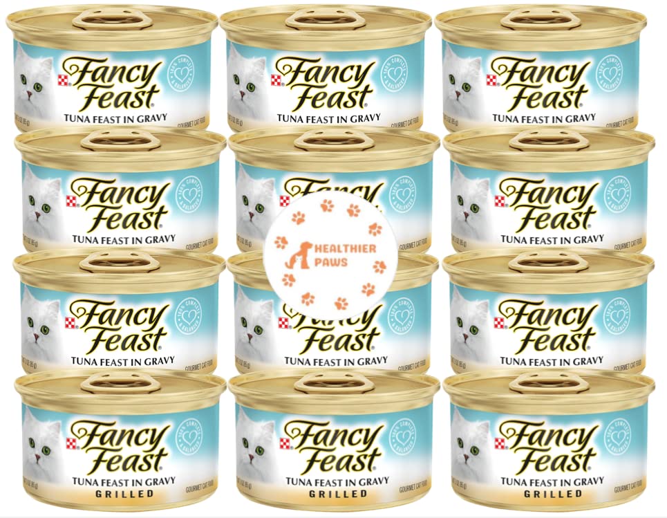 Healthier Paws Fancy Feast Grilled Tuna Feast in Gravy Canned Wet Cat Food, 3 oz, case of 12 Sticker !!!