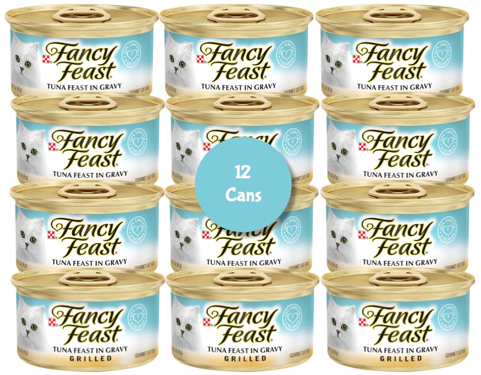 Healthier Paws Fancy Feast Grilled Tuna Feast in Gravy Canned Wet Cat Food, 3 oz, case of 12 Sticker !!!