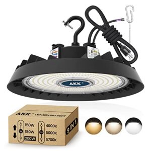akk 200w led high bay light 180w 150w tunable, 3 color switchable 30000lm ufo led high bay light(eqv. 900w mh/hps), 1-10v dimmable high bay led lights, us plug 5' cable, 100-277v for factory warehouse