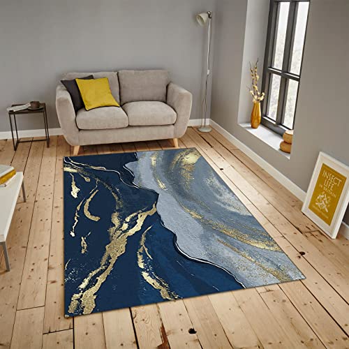 Blue Gold Pigment Area Rugs, Hand Painted Oil Painting Carpet, Bathroom Rugs Durable Quick Dry Machine Washable for Living Room Study Bedroom Kitchen Office,5×8ft /150 *240 cm