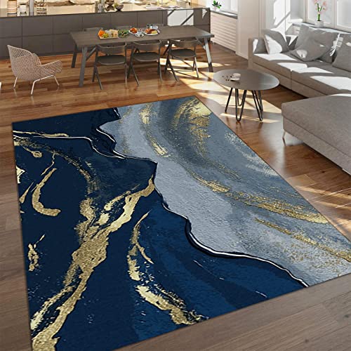 Blue Gold Pigment Area Rugs, Hand Painted Oil Painting Carpet, Bathroom Rugs Durable Quick Dry Machine Washable for Living Room Study Bedroom Kitchen Office,5×8ft /150 *240 cm