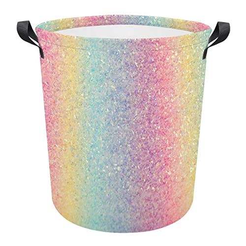 Collapsible Colorful Glitter Lights Laundry Basket Waterproof Blue Pink Yellow Laundry Hamper Freestanding Large Cloth Storage Bin With Handles for Household Bedroom Bathroom