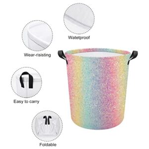 Collapsible Colorful Glitter Lights Laundry Basket Waterproof Blue Pink Yellow Laundry Hamper Freestanding Large Cloth Storage Bin With Handles for Household Bedroom Bathroom