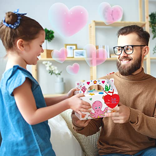 48 Sets Valentine's Day Treat Boxes DIY Color Your Own Paintable Sea Animal Prints Goodie Boxes Valentines Cupcake Boxes with 12 Marker Pens,48 Heart Tags and 48 Satin Ribbons for Kids School Supplies