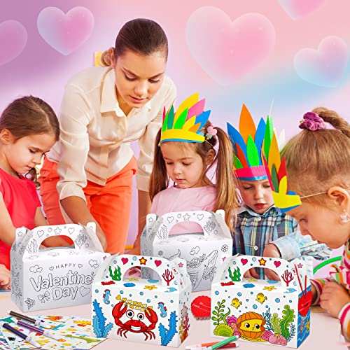 48 Sets Valentine's Day Treat Boxes DIY Color Your Own Paintable Sea Animal Prints Goodie Boxes Valentines Cupcake Boxes with 12 Marker Pens,48 Heart Tags and 48 Satin Ribbons for Kids School Supplies